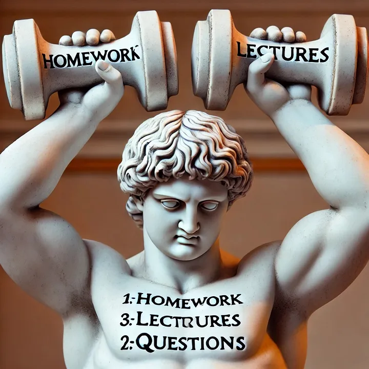 AI Art image of a roman statue depicting a male lifting weights. The weights are labelled "HOMEWORK" and "LECTURES" and on the chest there is the inscription "1: HOMEWORK, 3: LECTRURES, 2: QUESTIONS". Yes, there is a typo and the numbers are in the wrong order. Don't use AI Art, kids.