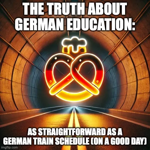 AI art image of a neon sign in the shape of a pretzel in the colours of the German flag. Captioned "THE TRUTH ABOUT GERMAN EDUCATION: AS STRAIGHTFORWARD AS A GERMAN TRAIN (ON A GOOD DAY)"